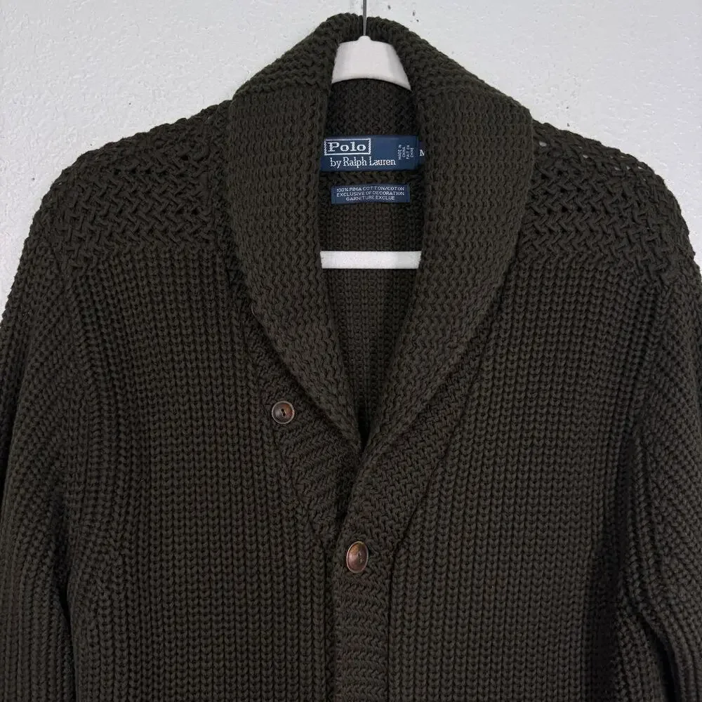 Vintage Polo Ralph Lauren Sweater Mens Medium Shawl Cardigan Chunky Knit Green